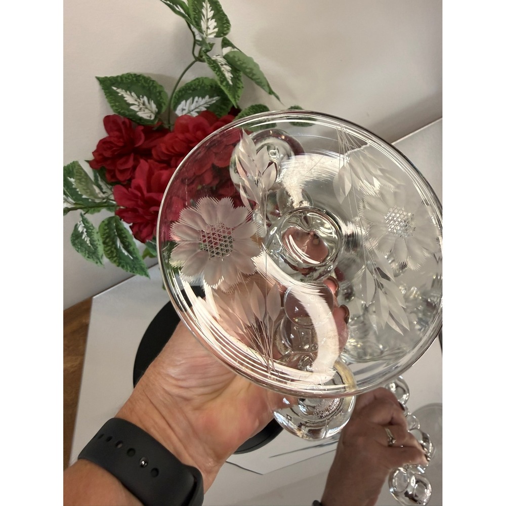 Vintage Etched Cornflower Crystal Bubble Loop Candle Holders Likely W.J. Hughes - Picture 7 of 8